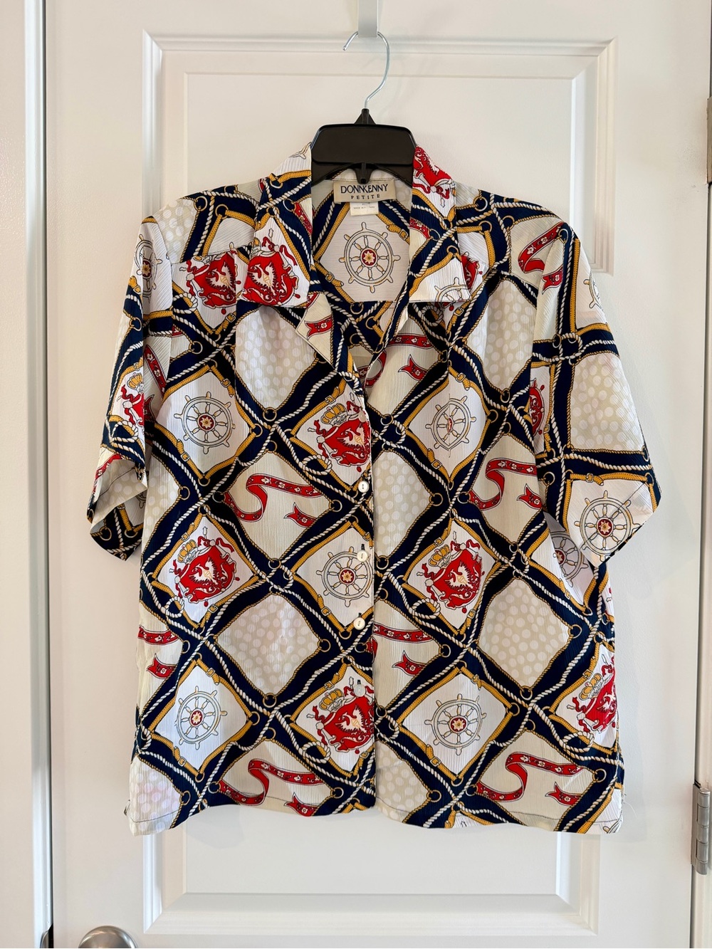 Vintage DonnKenny Women’s Nautical Print Button Down Shirt In White & Navy Sz XL